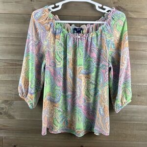 Chaps Womens Shirt 3/4 Sleeve Ruffle Elastic Paisley Pastel Artsy Blouse Size XL